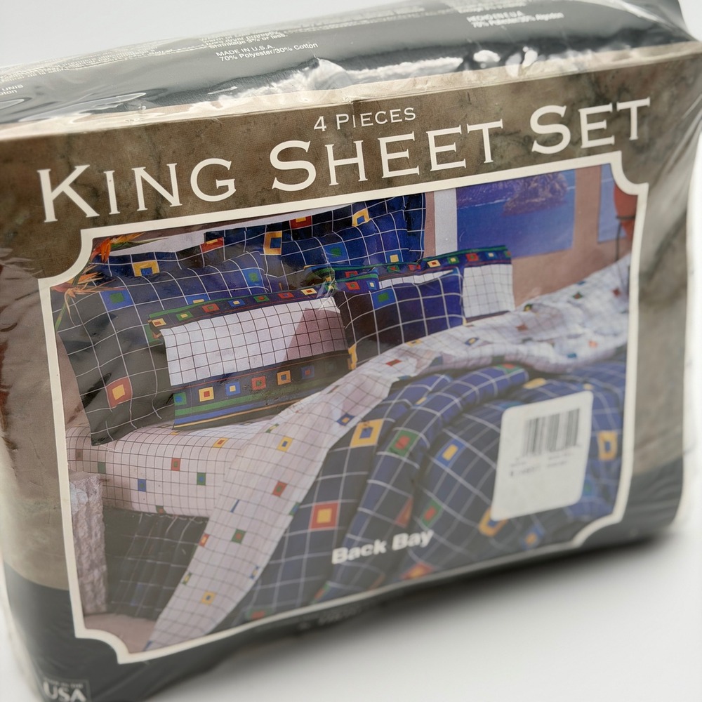 Thomaston Back Bay King Sheet Set 4pc Vintage 90s Geometric Grid Made in USA NEW